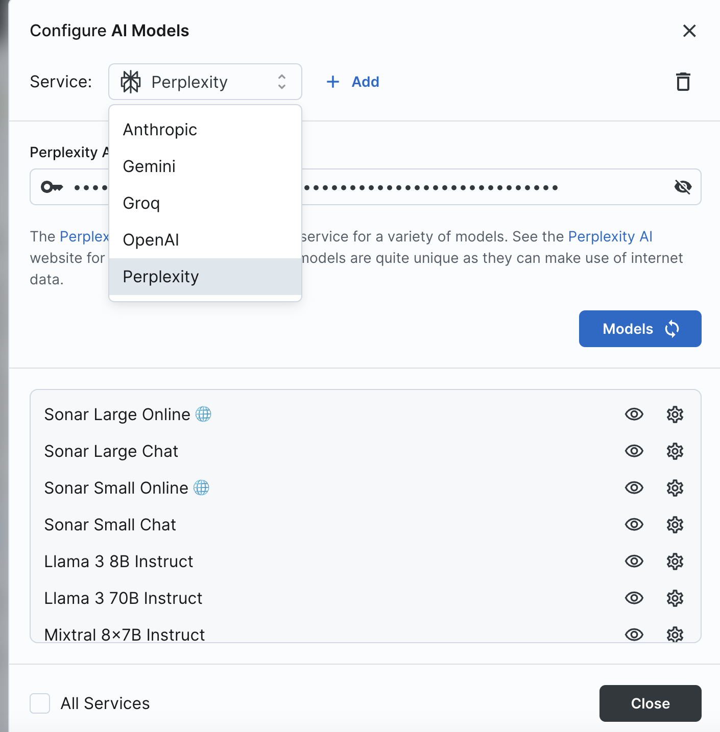 Screenshot showing 'manage models' interface within the settings section of the hosted get.big-agi.com interface