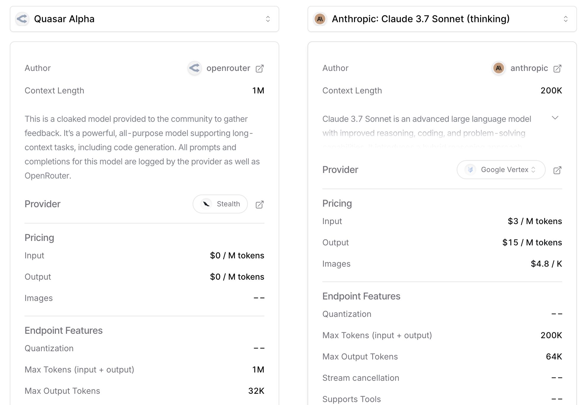 comparison of quasar alpha vs sonnet 3.7 thinking
