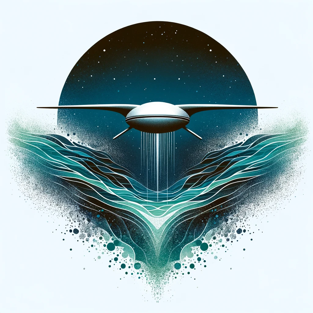 DALL·E 2024-03-02 14.13.03 - Create an image that depicts the concept of transmedium travel, illustrating a UAP (Unidentified Aerial Phenomenon) transitioning from air into water