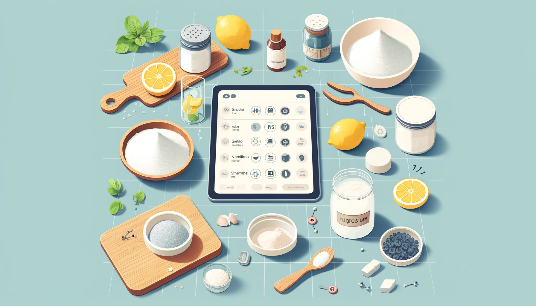 DALL·E 2024-04-02 22.15.19 - A stylized, overhead view of a kitchen counter with natural ingredients scattered around like salt, lemon, and magnesium, a digital tablet displaying