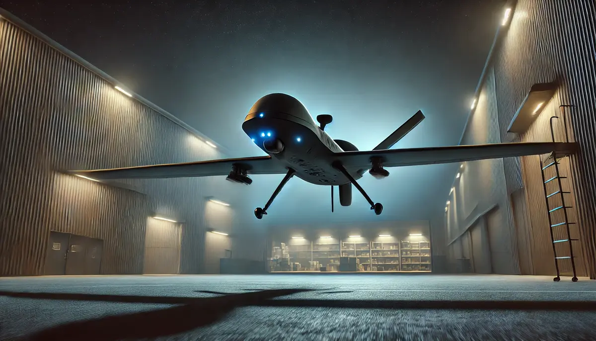 DALL·E 2024-12-15 14.48.24 - A near-silent VTOL stealth drone hovering in the sky above a dimly lit warehouse at night. The drone features a sleek, futuristic design with visible