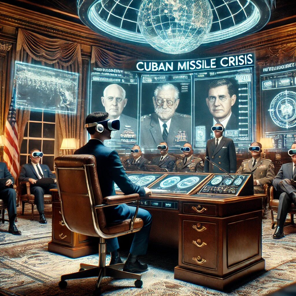 DALL·E 2025-01-20 16.54.13 - A futuristic scene of a student sitting in a fully immersive VR environment, experiencing the Cuban Missile Crisis firsthand. The student is seated at