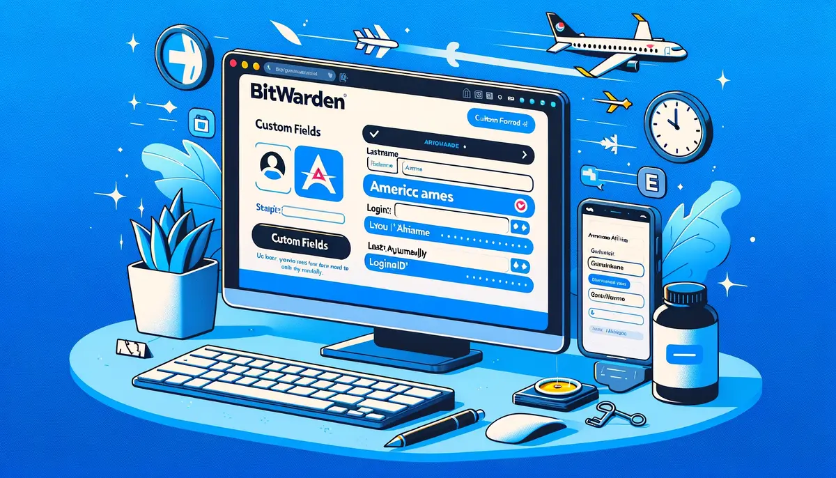 DALL·E 2024-05-16 18.49.53 - A blog post featured image illustrating the process of using Bitwarden to autofill complex login forms like American Airlines. The image should show a