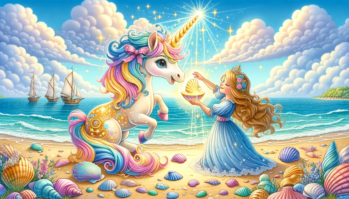 DALL·E 2024-06-03 20.50.09 - A whimsical illustration of a magical seaside kingdom with a brave Princess Emilia, a glittering unicorn named Starbright, and a sparkling seashell. T