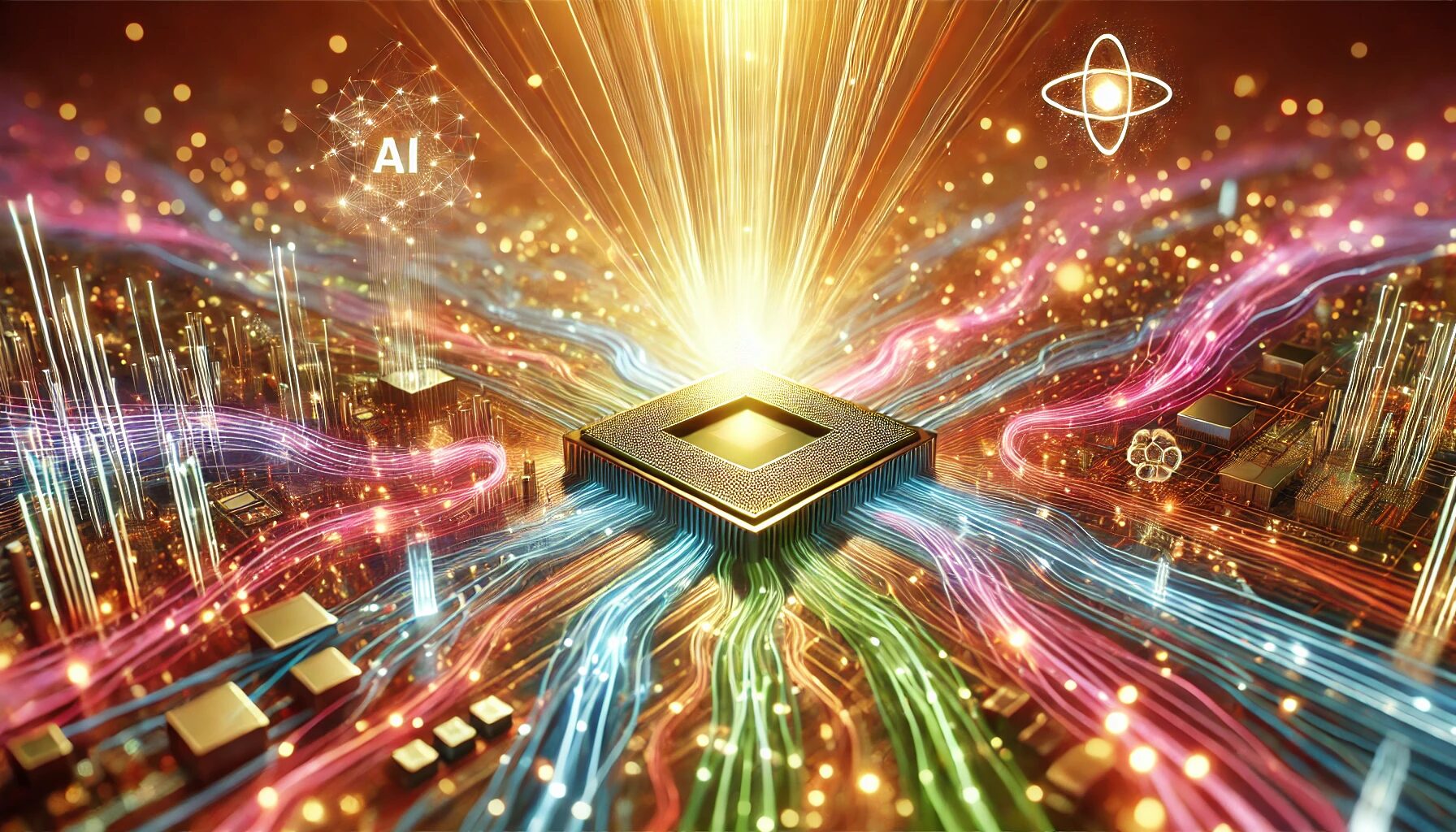 DALL·E 2024-07-07 21.53.30 - Abstract 3D visualization of a vast AI network, with vibrant streams of colorful light representing data flow between shimmering nodes. At the center,