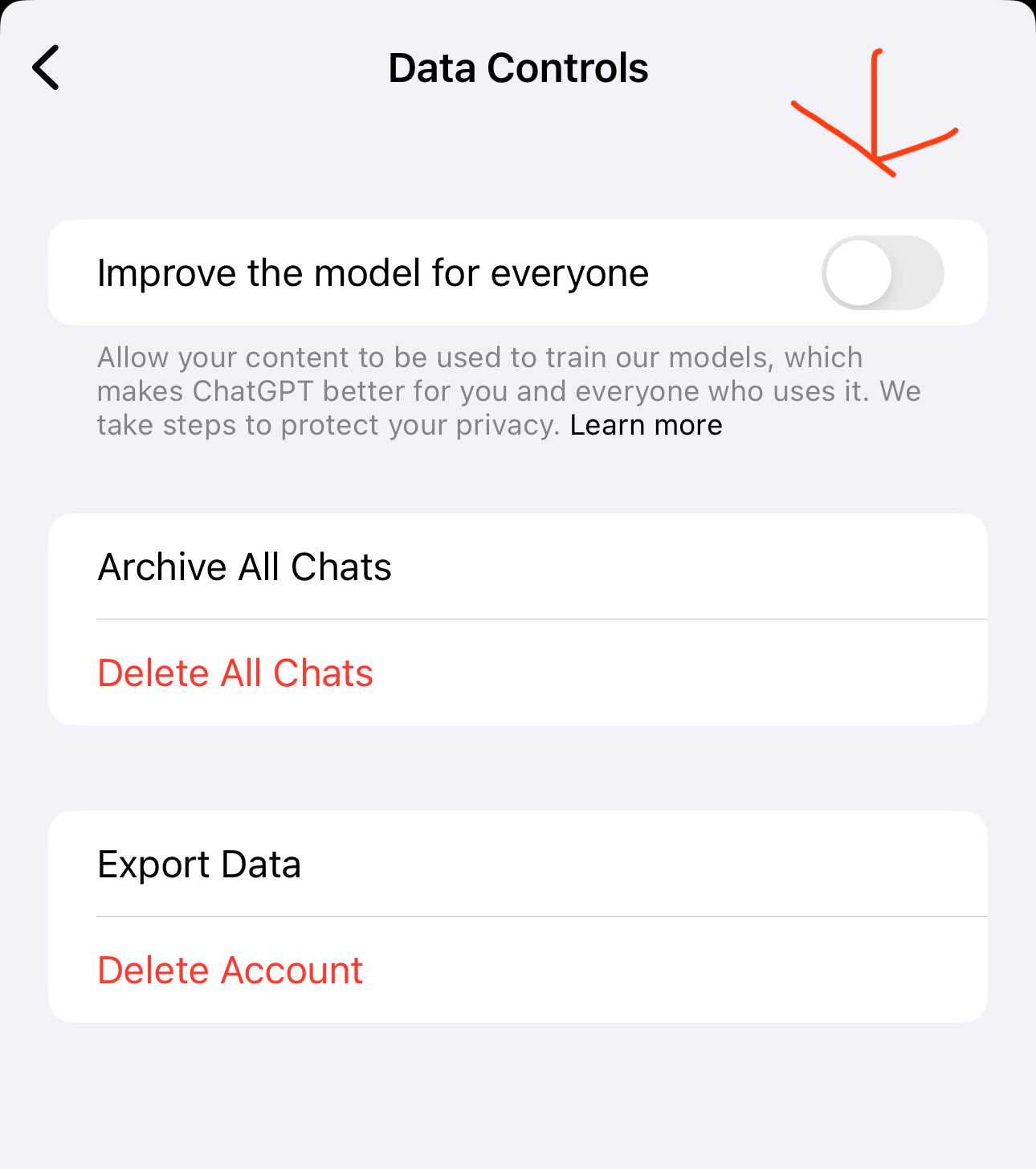 Screenshot of ChatGPT settings UI where you can disable the setting to 'improve model for everyone'