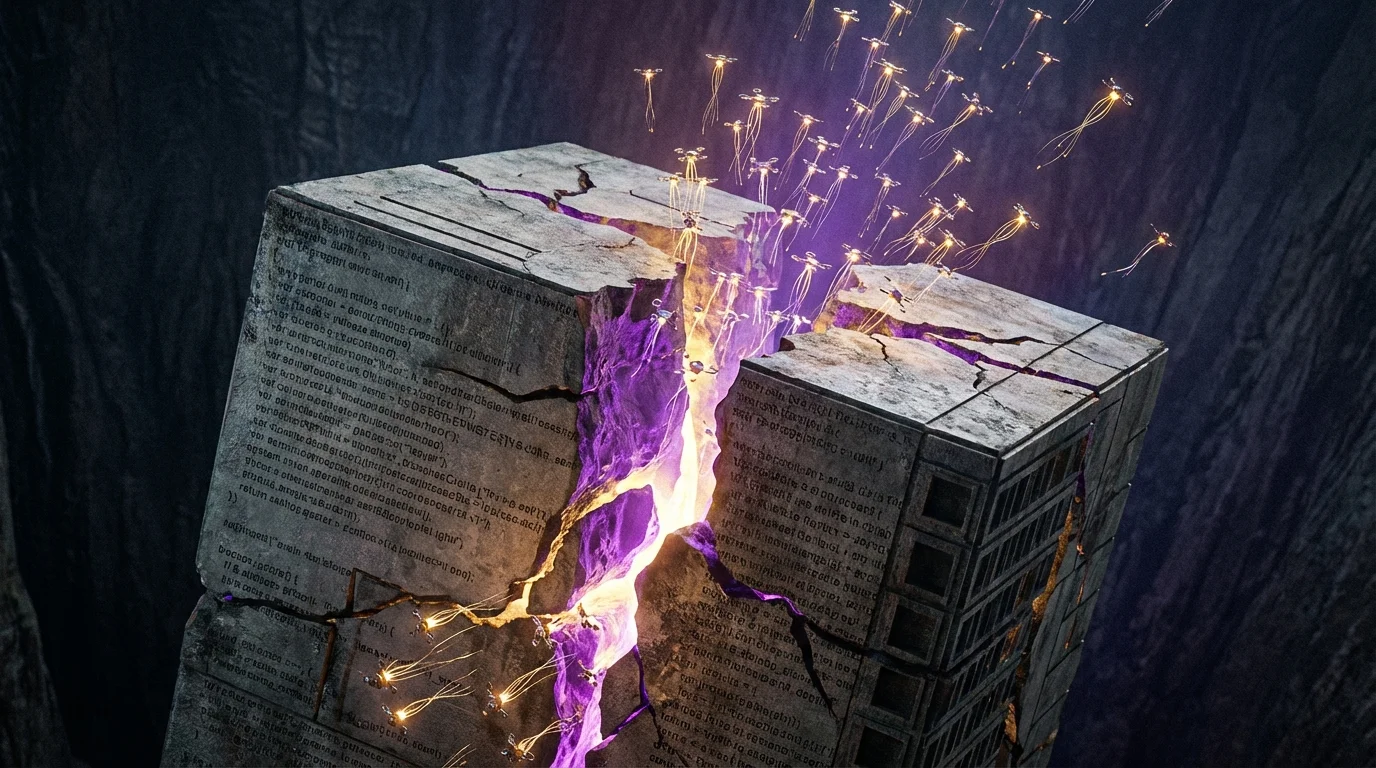 Monolithic software block cracking apart with luminous AI agents emerging from the fractures