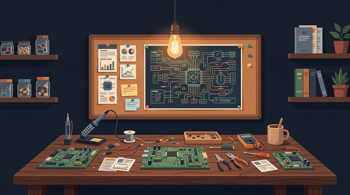 Flat illustration of a workshop table with circuit boards, model cards, and a quantum chip diagram under warm Edison bulb lighting on dark navy background
