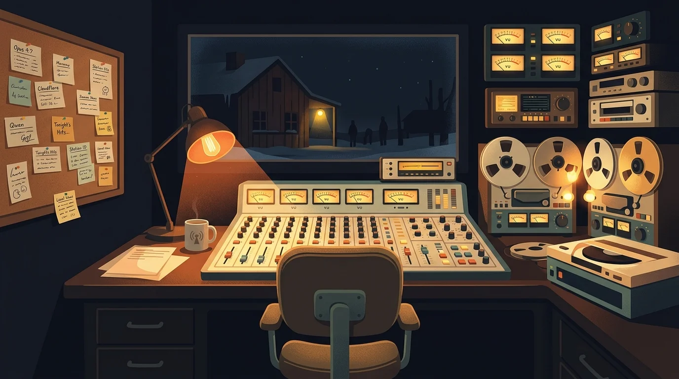 Flat illustration of a cozy workshop with a cork bulletin board covered in model cards and sticky notes, warm desk lamp on dark navy background