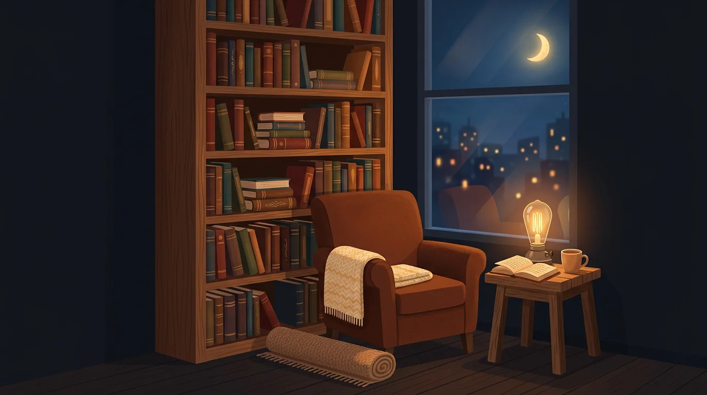 Flat illustration of a cozy library reading nook with glowing window, stacks of books, and a warm lamp on a dark navy background
