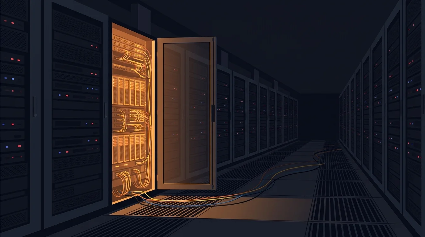 Flat illustration of a dim data center aisle with one server rack cabinet swung open, warm amber light spilling out onto the floor and cables trailing away down the dark aisle, on a dark navy background