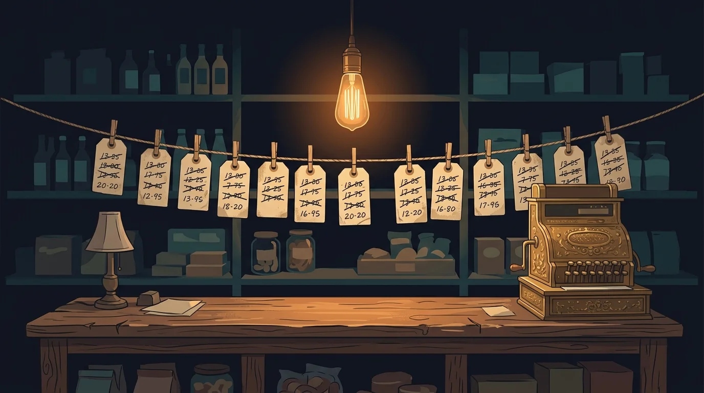 Flat illustration of a dim general store interior at night with a warm lamp over a wooden counter, handwritten price tags hanging on strings above the counter, most of them crossed out and rewritten lower, on a dark navy background
