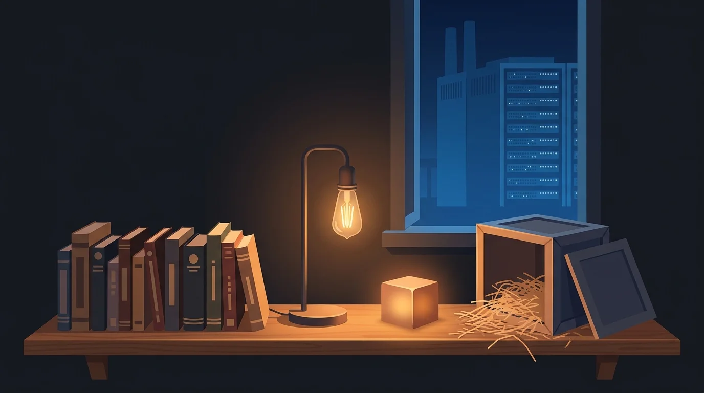 Flat illustration of a cozy workbench at night lit by a single desk lamp, a small open laptop running a glowing model, and a wall of pegboard behind it holding tools, on a dark navy background