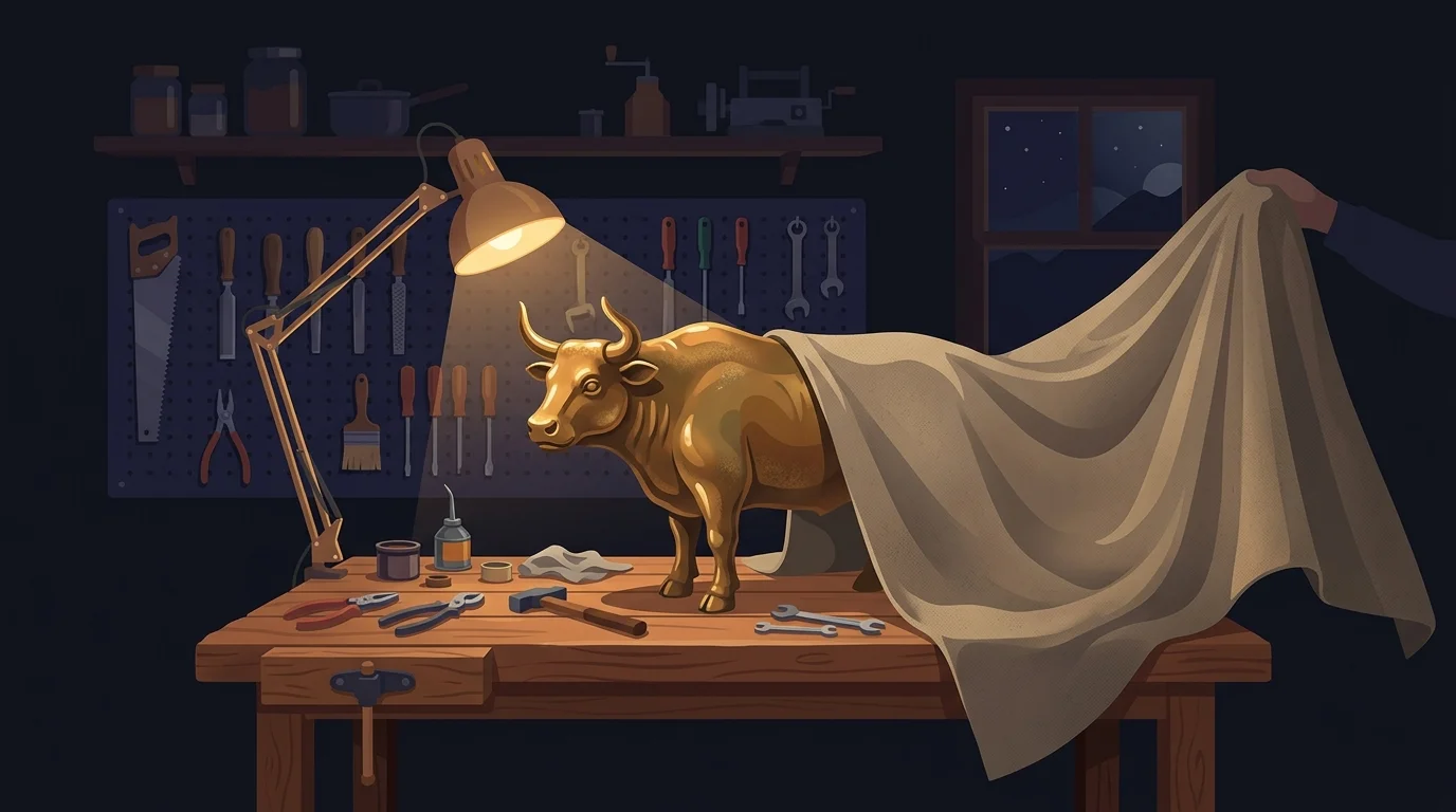 Flat illustration of a dim workshop at night where a canvas dust sheet is being pulled off a brass ox standing on a wooden workbench, lit by a single desk lamp, with a pegboard of tools behind it on a dark navy background