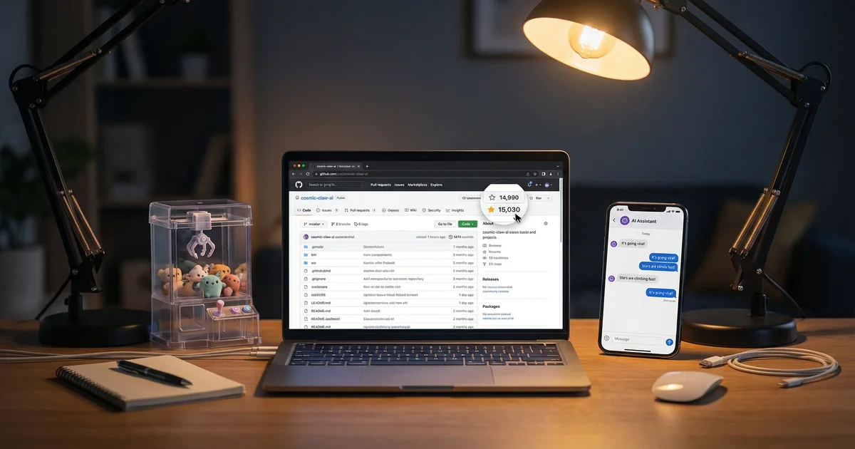 Laptop on a desk showing a GitHub repository with rising star count, phone with AI chat, and a miniature claw machine toy, warm desk lamp lighting