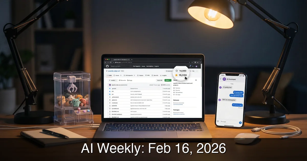 Laptop on a desk showing a GitHub repository with rising star count, phone with AI chat, and a miniature claw machine toy, warm desk lamp lighting