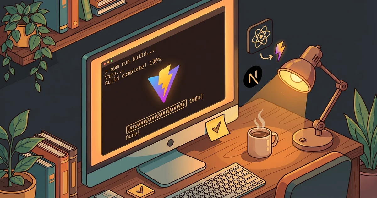 Isometric illustration of a cozy desk with monitor showing a Vite build completing, desk lamp, coffee mug, and React-to-Vite transformation icons