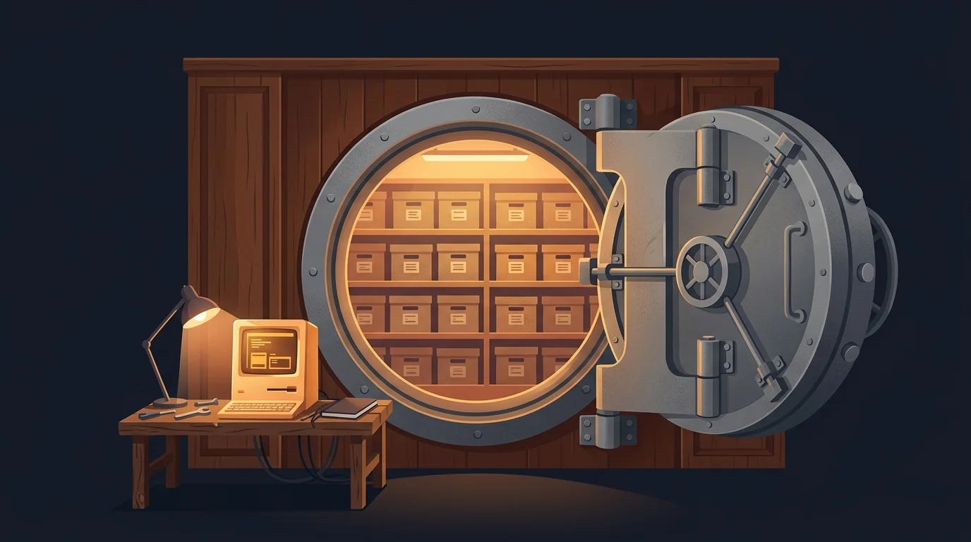 Flat illustration of a heavy vault door set into a warm-lit archive wall swinging open, light spilling out across labeled shelves, a small glowing terminal on a workbench in the foreground, on a dark navy background