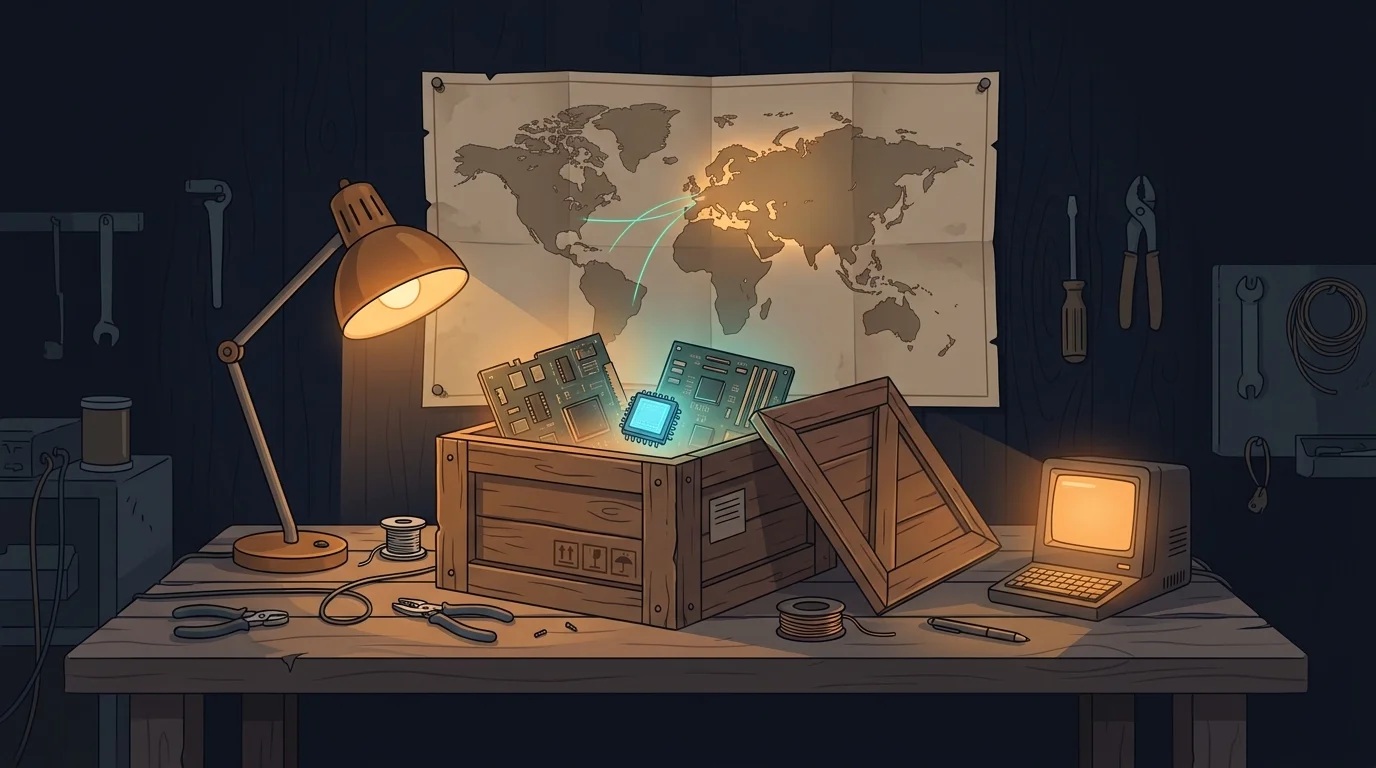 Flat illustration of a warm-lit workshop table with an open steel crate spilling glowing circuit boards toward a small terminal, a folded world map pinned behind it with one region marked, on a dark navy background