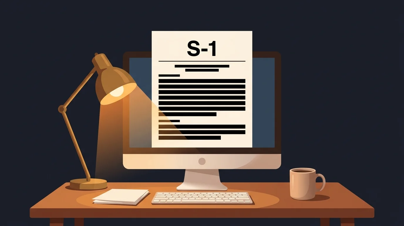 Flat illustration of a desktop computer monitor on a wooden desk at night displaying an S-1 filing document with several lines blacked out as redactions, a warm brass desk lamp casting amber light, a coffee mug and stacked papers beside the keyboard, on a dark navy background