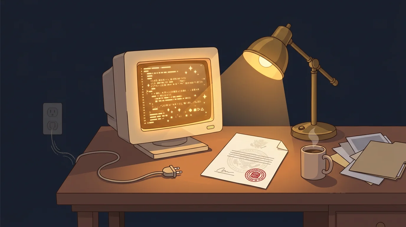 Flat illustration of a warmly lit workshop desk at night with a glowing terminal, a government seal document stamped across the screen, and an unplugged power cable resting beside it, on a dark navy background