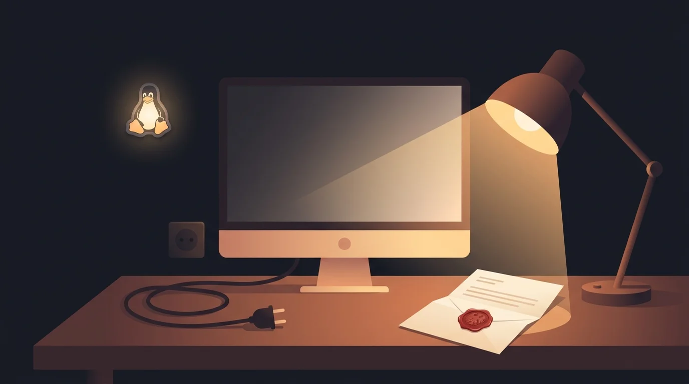Flat illustration of a workshop desk at night lit by a single warm lamp, a dark dimmed computer monitor, a sealed government letter with a red wax seal, an unplugged power cable, and a small glowing penguin badge on the wall, on a dark navy background