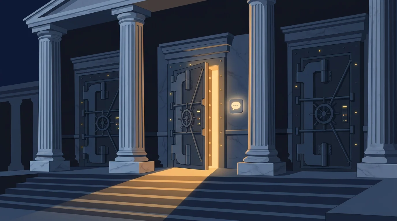 Flat illustration of a marble government building facade at night with two glowing server-rack doors set into it, one door cracked open spilling warm light, a small Slack-style chat bubble badge glowing on the wall, on a dark navy background