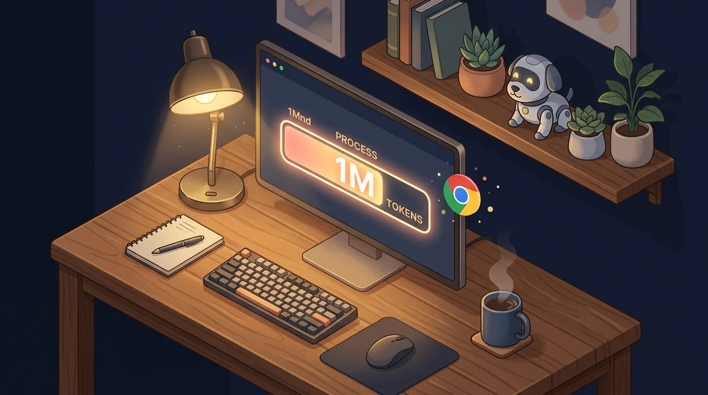 Isometric illustration of a cozy desk with a monitor showing a 1M token progress bar, Chrome logo floating nearby, robot dog figurine on shelf, warm desk lamp on dark navy background
