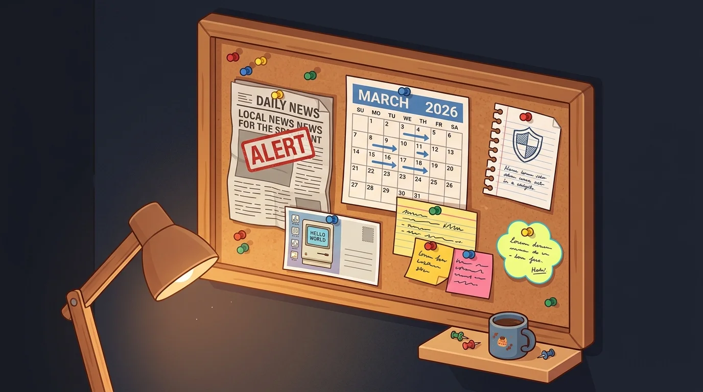 Isometric illustration of a cork bulletin board with pinned news clippings, calendar, and sticky notes, warm lamp on dark navy background