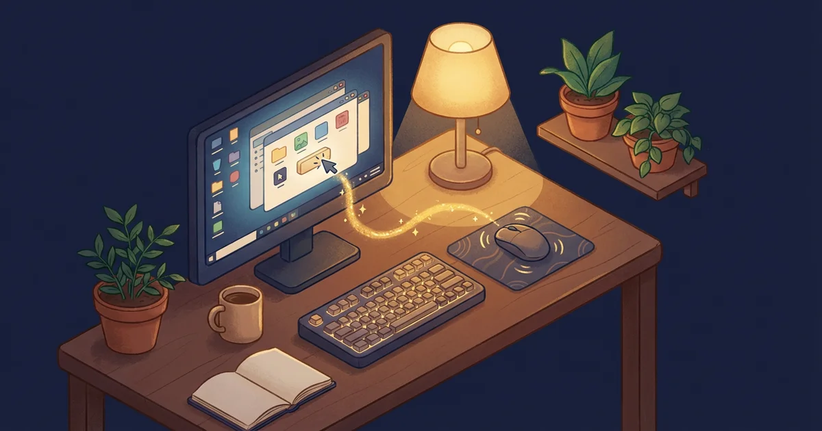 Isometric illustration of a cozy desk with a monitor showing AI autonomously moving the cursor, golden sparkle trail from mouse to screen, warm desk lamp lighting on dark navy background