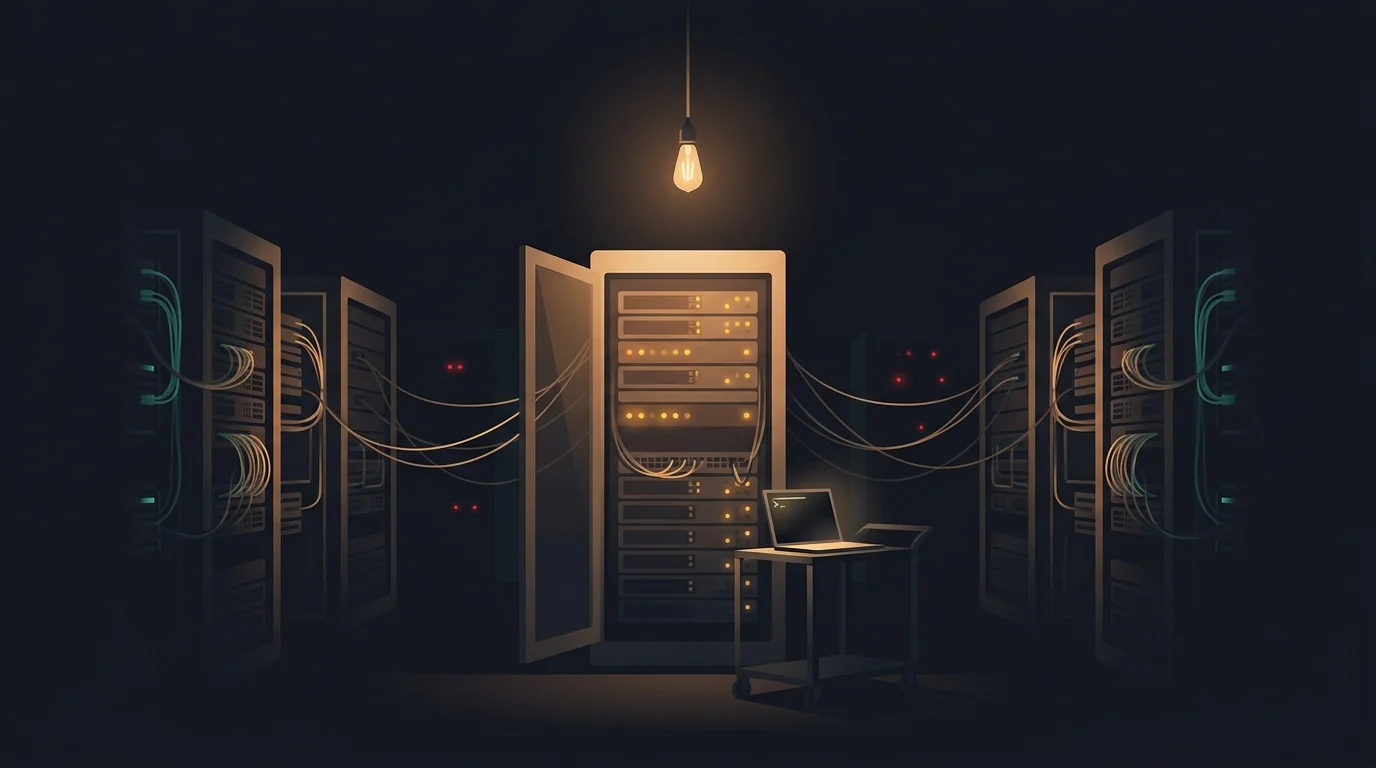 Flat illustration of a dim server room with one warmly lit rack, glowing network cables, and red status lights, on a dark navy background
