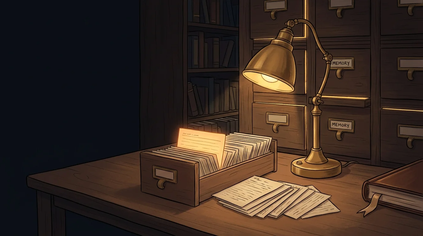 Flat illustration of a cozy librarian's desk at night with a brass lamp, an open card catalog drawer with index cards spread across the desktop, one card glowing softly, wooden shelves behind, on a dark navy background
