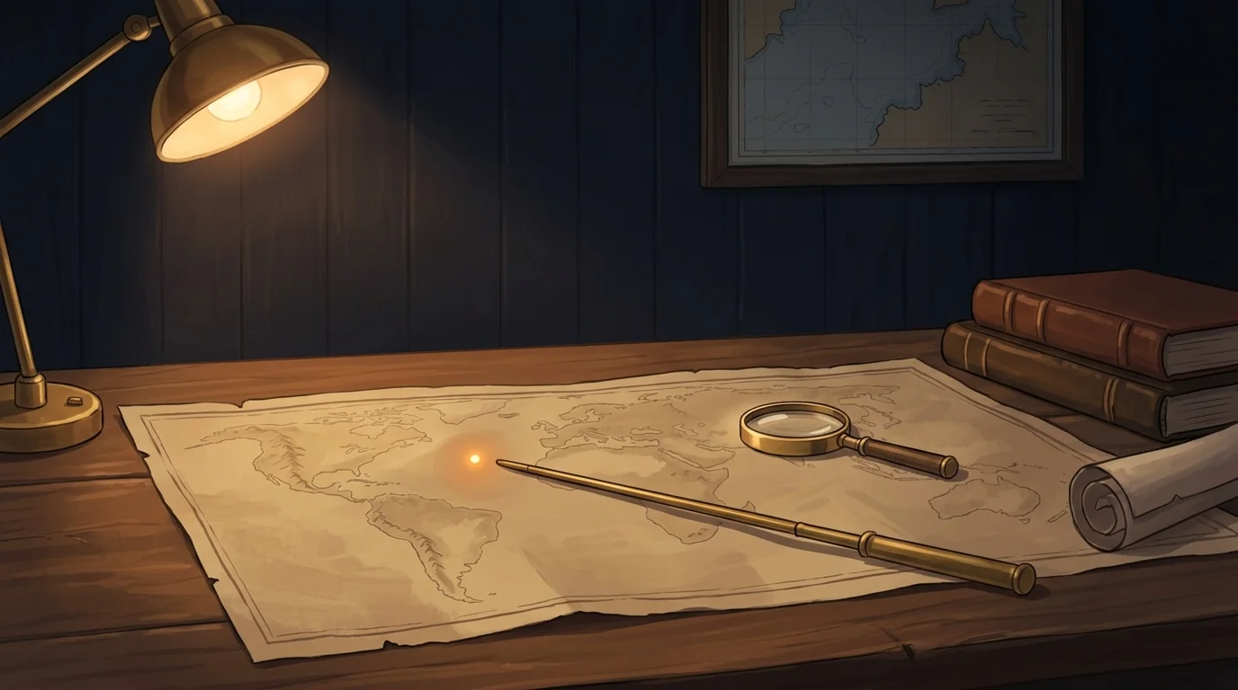 Flat illustration of a cozy cartographer's desk at night with an old-world map spread across worn wood, a brass long-handled pointer and magnifying glass resting on the map, a soft amber dot glowing on the map under a warm brass desk lamp, stacked leather atlases and a rolled scroll beside it, on a dark navy background