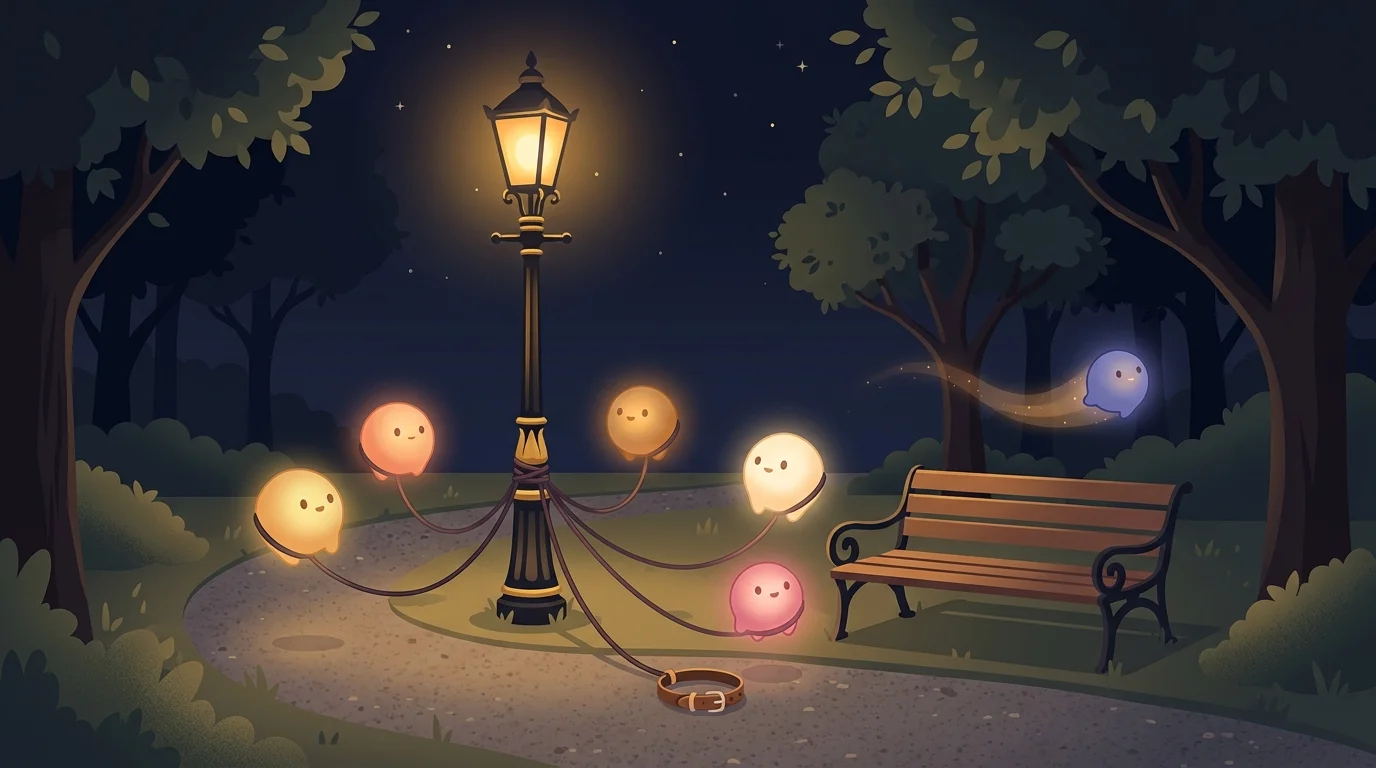 Flat illustration of a quiet park at night under a single warm street lamp, with small glowing orbs tied to the lamp post on thin leashes like waiting pets, and one orb that has slipped its collar drifting off toward the dark trees