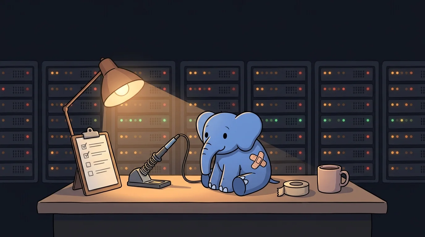 Flat illustration of a late-night repair bench in a dim server room, where a plush blue elephant with a bandage on its side sits under a warm desk lamp beside a soldering iron, while most server lights behind it glow amber and red and a few have turned green