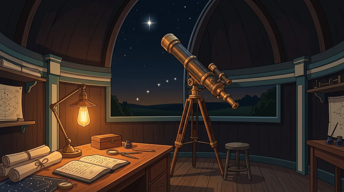 Flat illustration of a night sky observatory interior with a brass telescope pointed at a bright star through an open dome, four smaller stars rising along the horizon, warm lamp light on a wooden desk of star charts, on a dark navy background