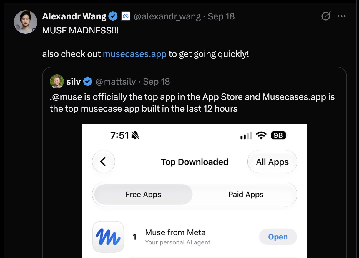 Alexandr Wang quote-tweeting a post from @mattsilv about Musecases, with a screenshot of the App Store Top Downloaded chart showing Muse from Meta at number one
