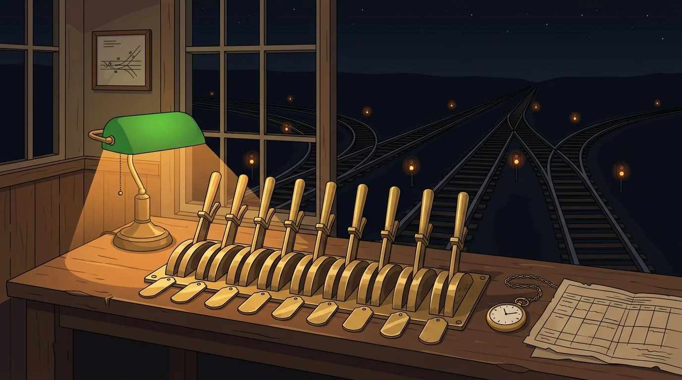 Flat illustration of an old railway signal tower at night, a row of brass switch levers on a wooden control desk lit by a single green desk lamp, with railway tracks branching off into the dark through the window