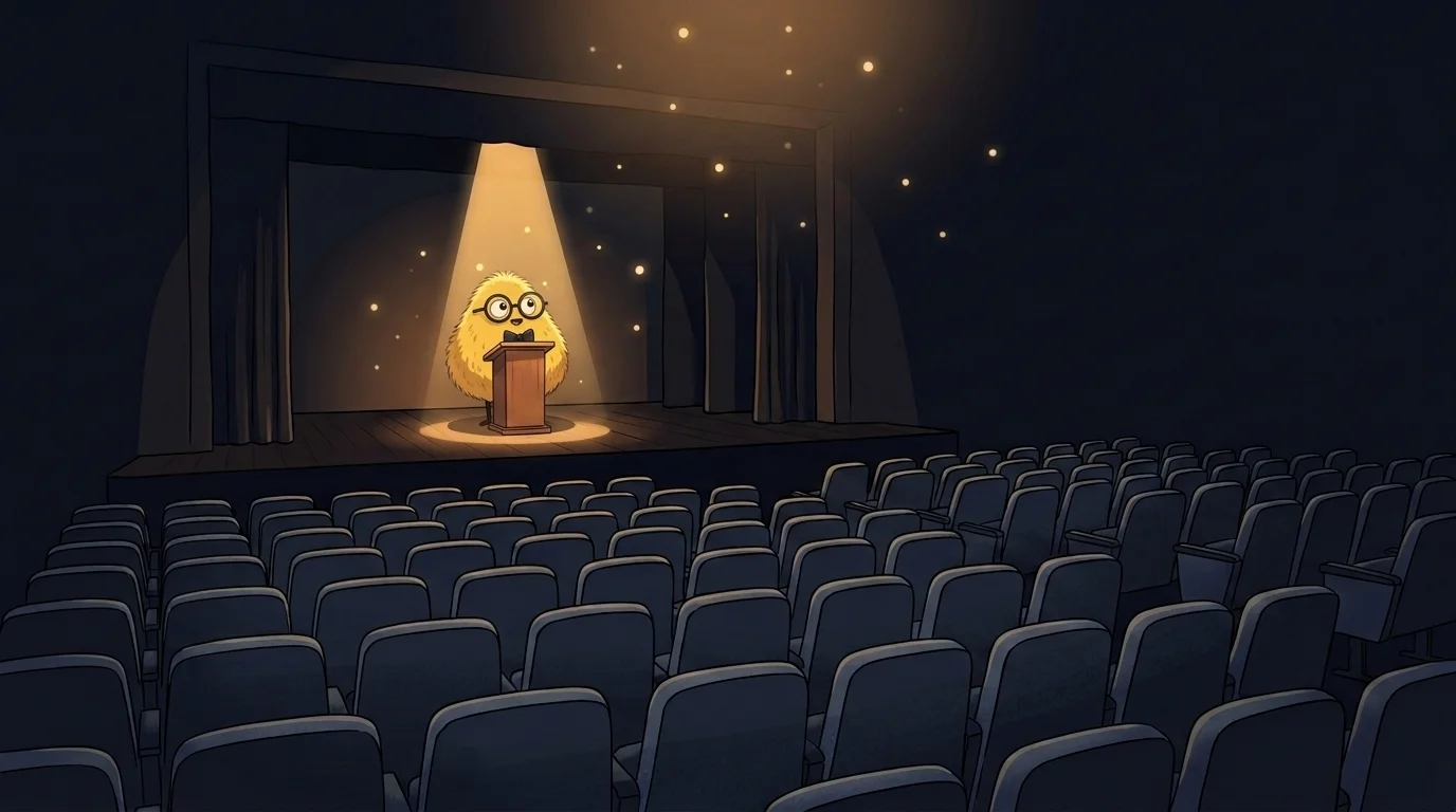 Flat illustration of a conference stage at night seen from the empty back rows, a single warm spotlight on a lectern where a fluffy yellow round creature in round glasses and a black bow tie gives a talk, with a few small glowing dots drifting above the stage