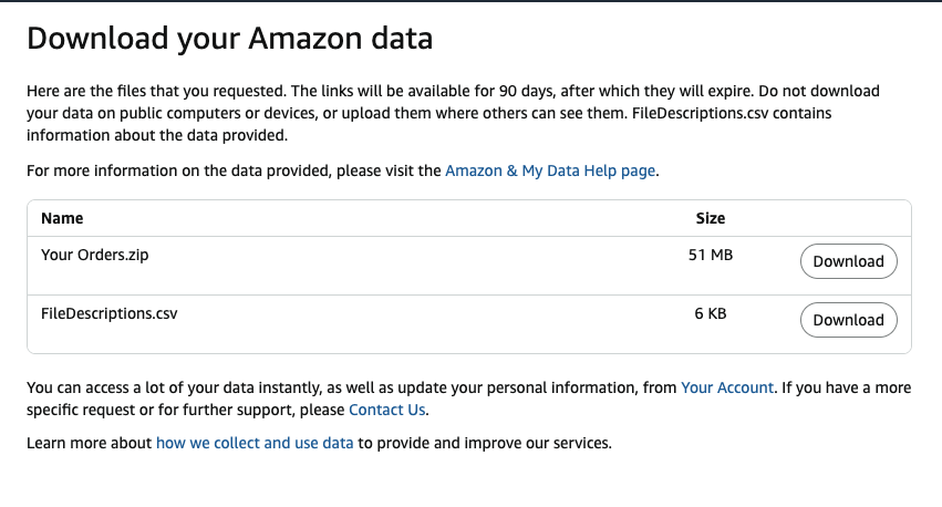 Amazon&rsquo;s download page showing Your Orders.zip at 51 MB and FileDescriptions.csv at 6 KB