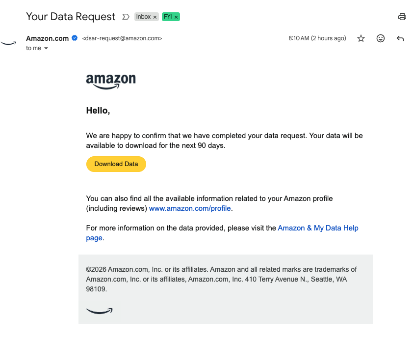 Email from Amazon confirming data request is complete with a green Download Data button