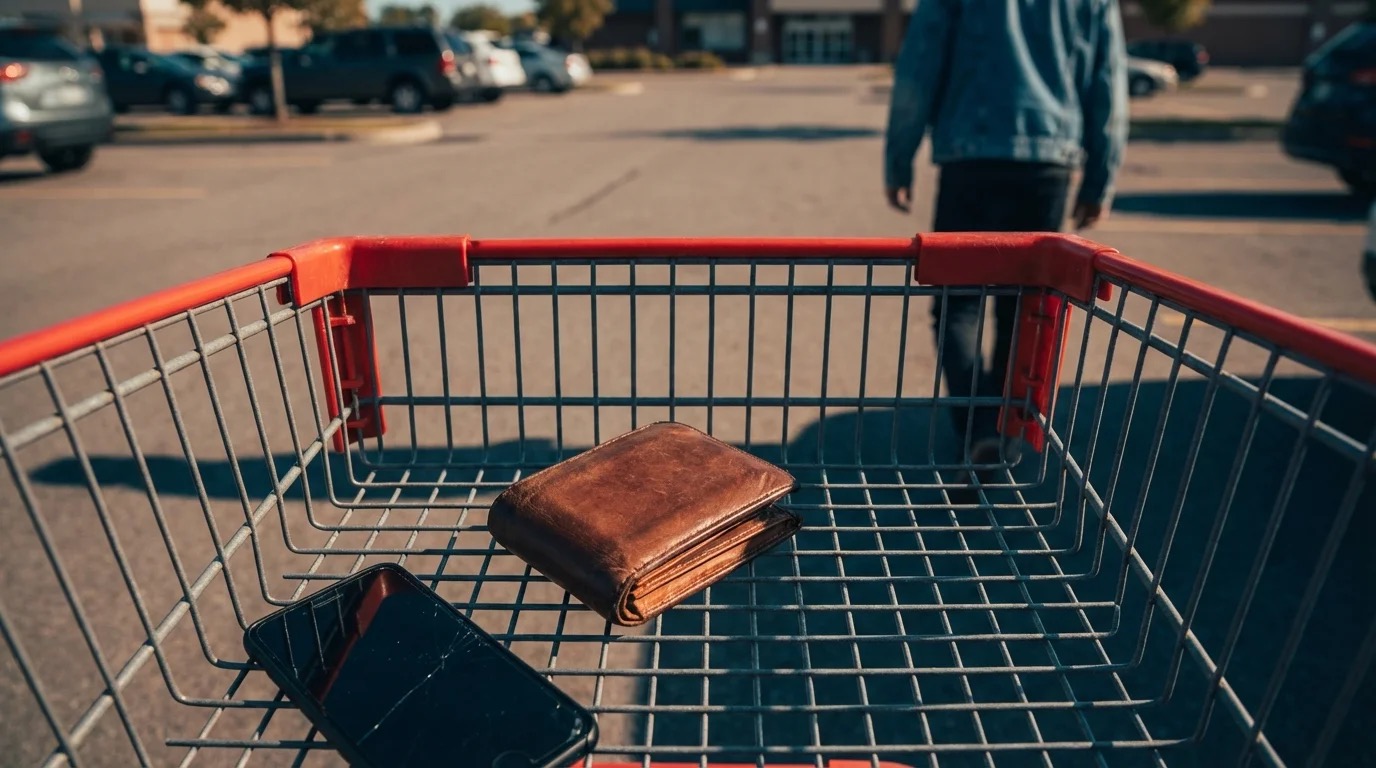 A wallet and phone left unattended in a shopping cart in a sunlit parking lot