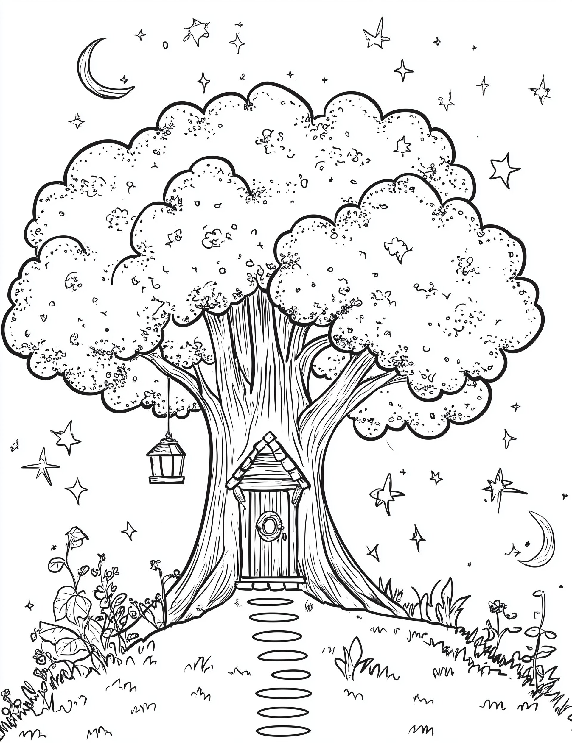 This image is a whimsical, black-and-white coloring page depicting a large, friendly oak tree with a cozy, small door at its base, suggesting it might be the entrance to a magical treehouse. The tree’s wide canopy is dotted with leaves and tiny stars, creating a mystical, nighttime scene. A lantern hangs from one of the branches, illuminating a simple stone pathway that leads to the door. The background features crescent moons, stars, and gentle flowers, adding to the enchanting, fairy-tale atmosphere. This coloring page is perfect for children to add their personal touch of color to the magical world hidden within the tree.