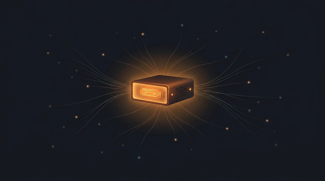 Flat illustration of a single server block floating in dark space, its front face glowing like a warm Edison filament, with thin light lines radiating out to small distant network nodes