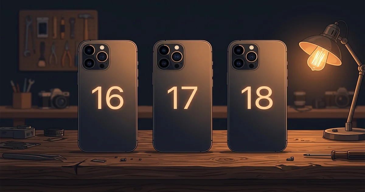 Flat illustration of three identically sized phones standing in a row on a dark workshop bench, their backs showing glowing numbers 16, 17 and 18, lit from the right by a warm Edison-bulb desk lamp