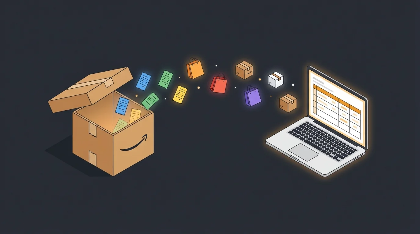 Illustration of an Amazon box with receipts and shopping bags floating toward a laptop showing a spreadsheet