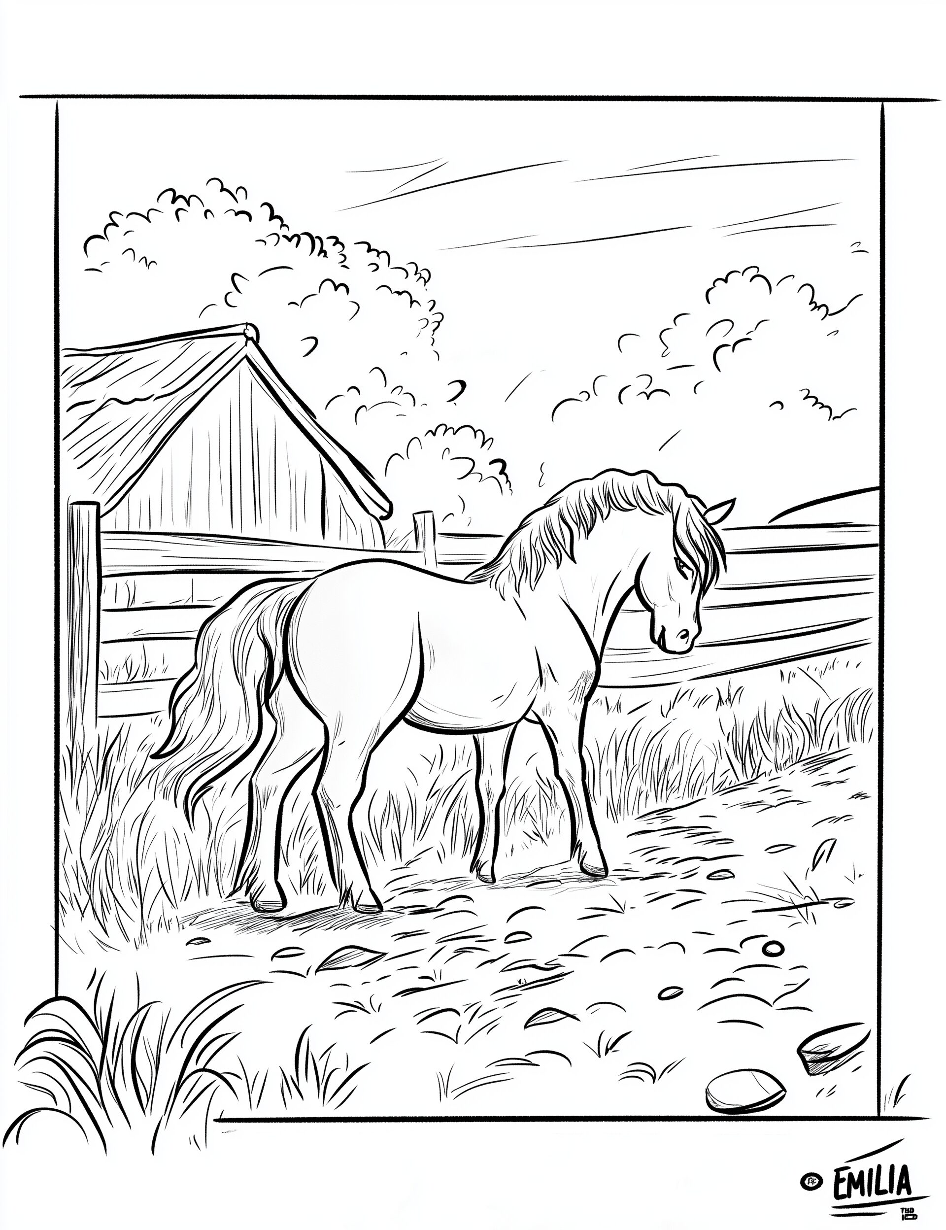 two friendly horses with big empty eyes and flowing manes simple fence in background, big sun shining down